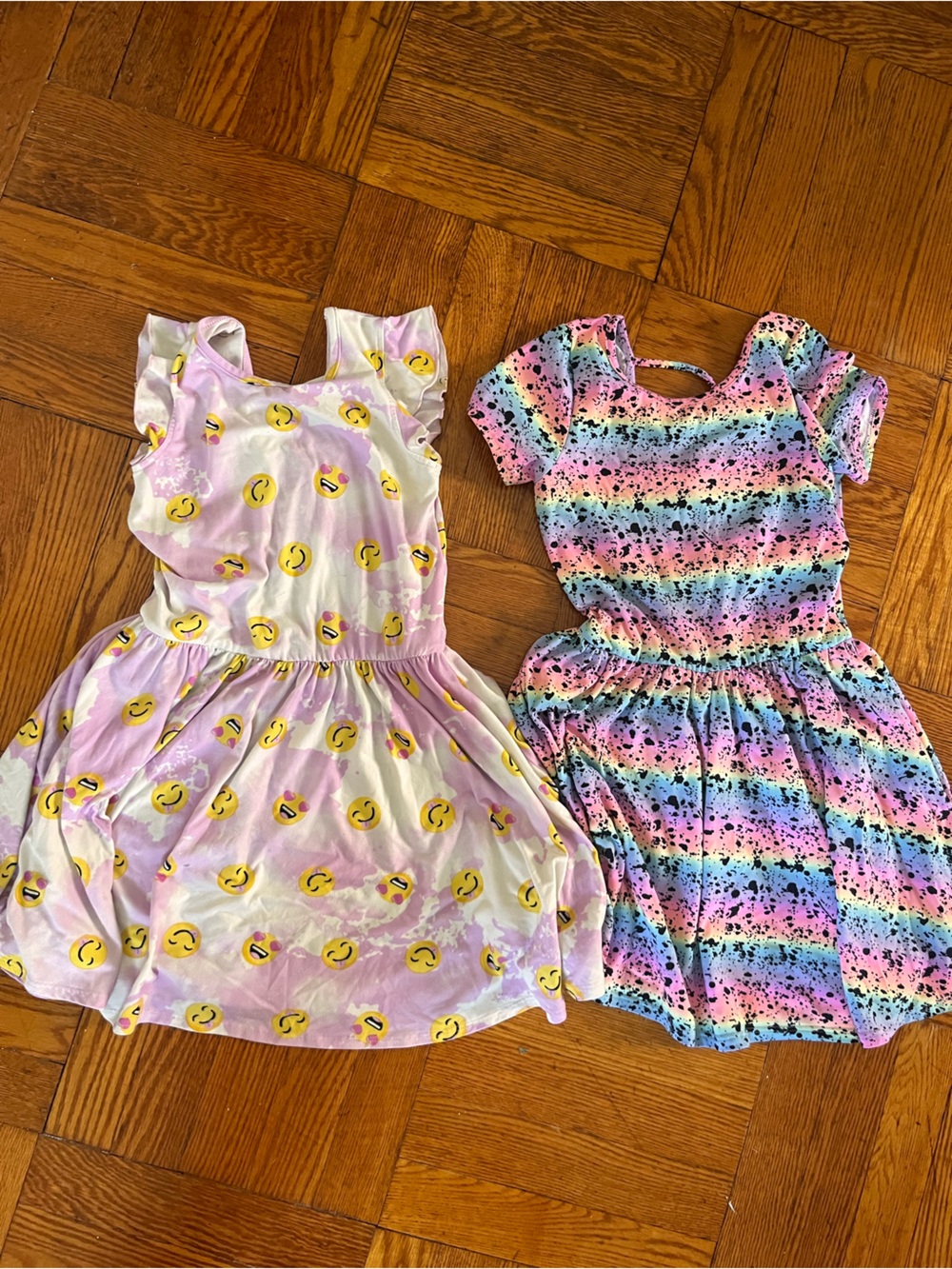 Girls' Pink Pastel Emoji (size 7) & Rainbow Print (size 8) Casual Dresses